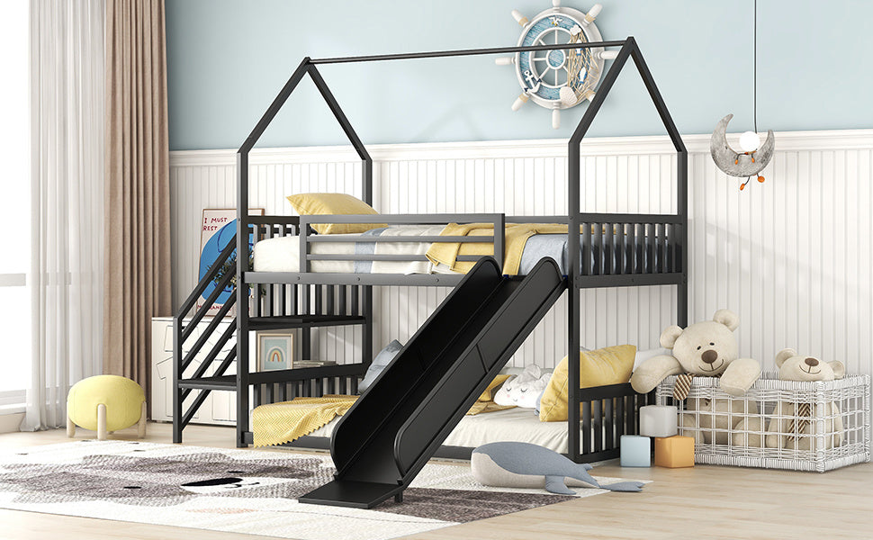 Twin over Twin Metal Bunk Bed w/Slide & Staircase