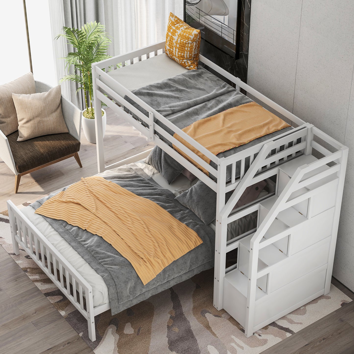 Twin over Full Loft Bed with Staircase (Gray)