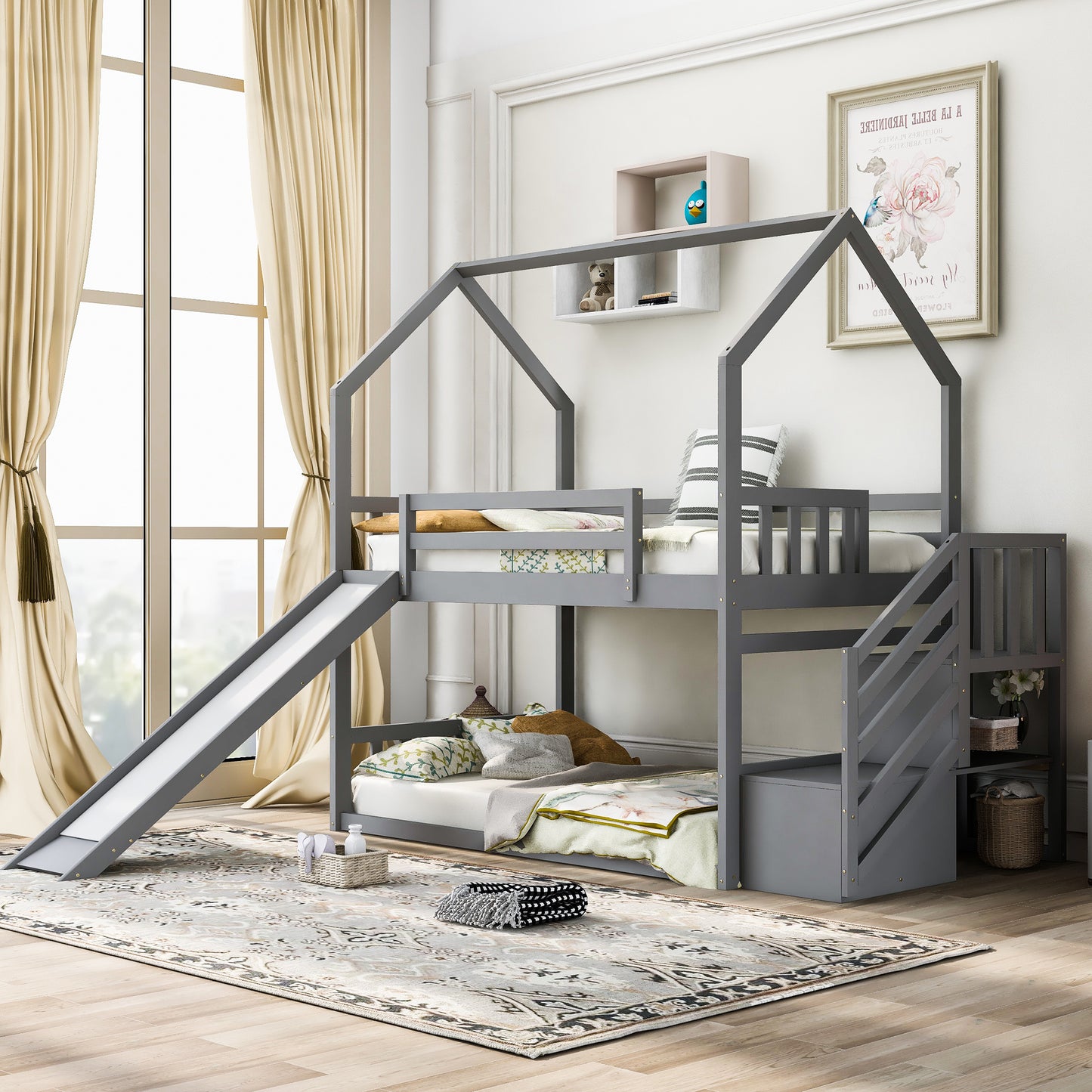 Twin over Twin Bunk Bed with Convertible Slide & Storage Staircase