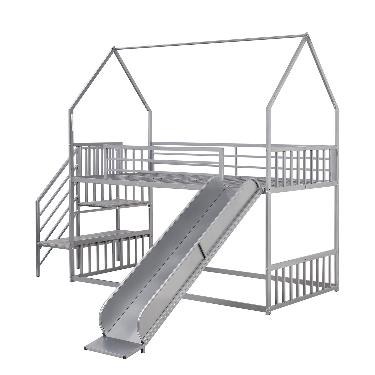 Twin over Twin Metal Bunk Bed w/Slide & Staircase