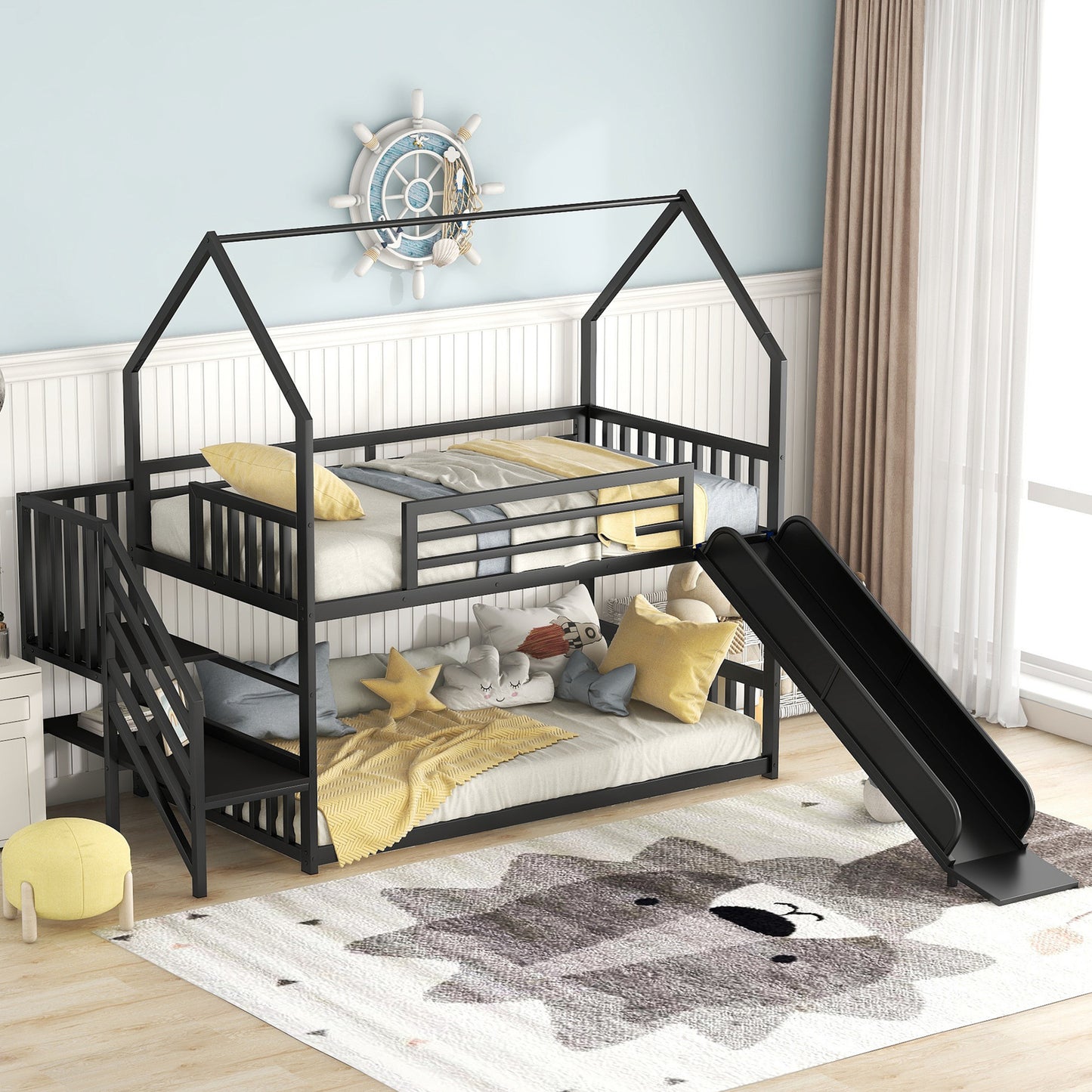 Twin over Twin Metal Bunk Bed w/Slide & Staircase