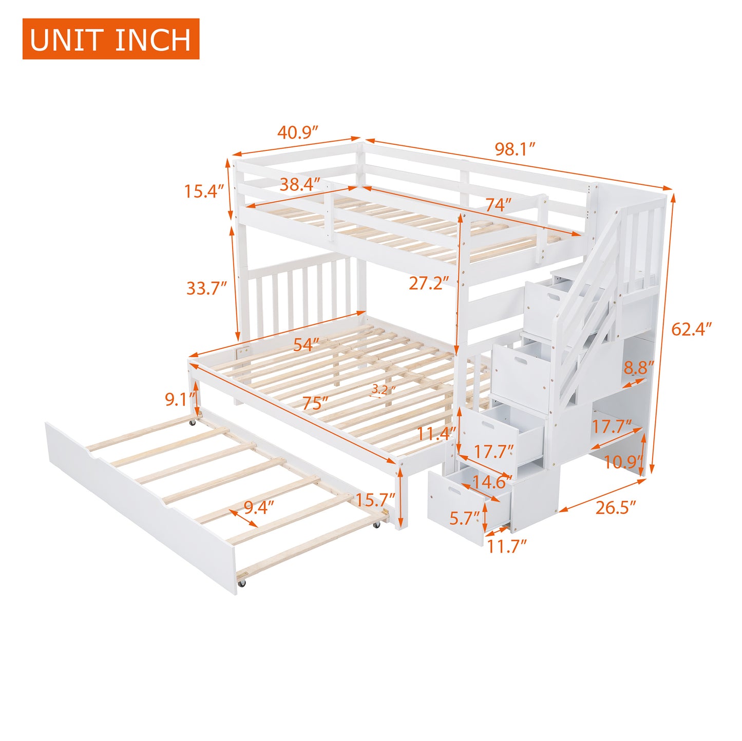 Twin over Twin/Full Bunk Bed w/Twin Size Trundle