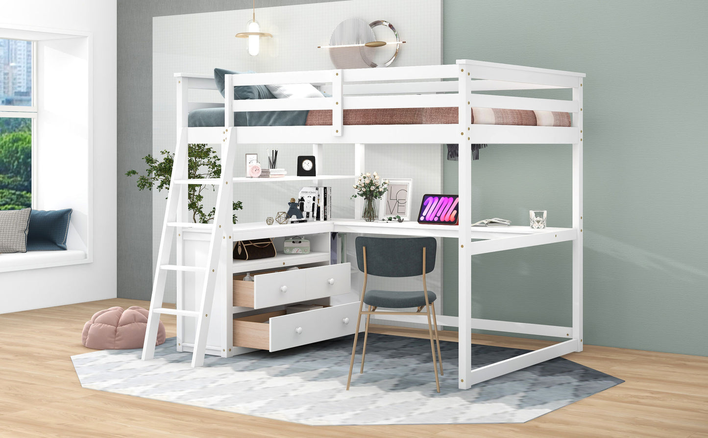 Full Size Loft Bed w/Desk, Shelves &Two Built-in Drawers