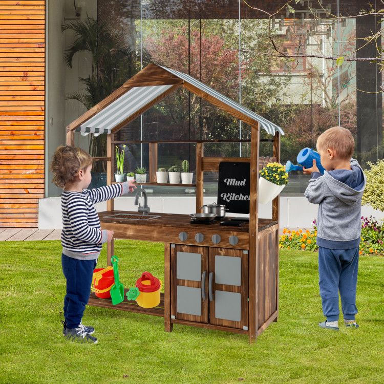 Outdoor Solid Wood Mud Kitchen w/ Canopy