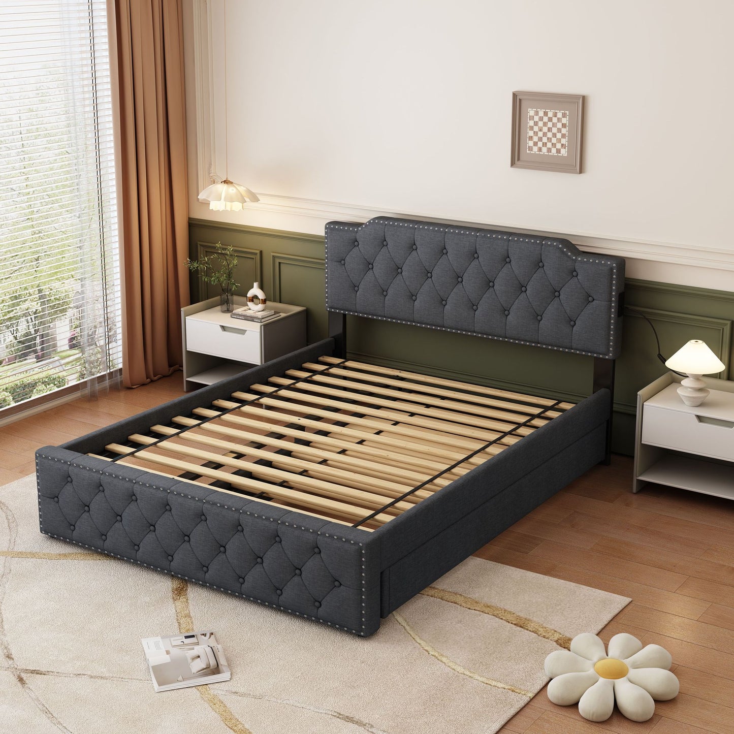 Queen Size Upholstered Platform Bed w/ Twin Size Trundle & USB Ports