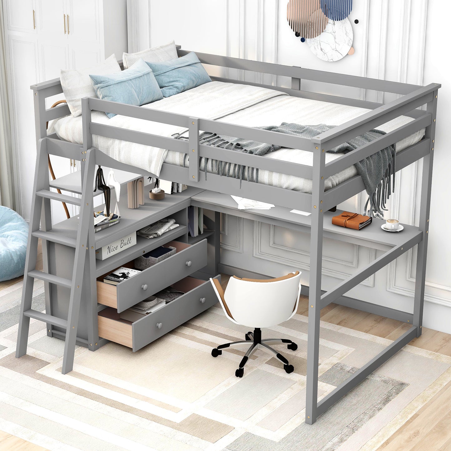 Full Size Loft Bed w/Desk, Shelves &Two Built-in Drawers