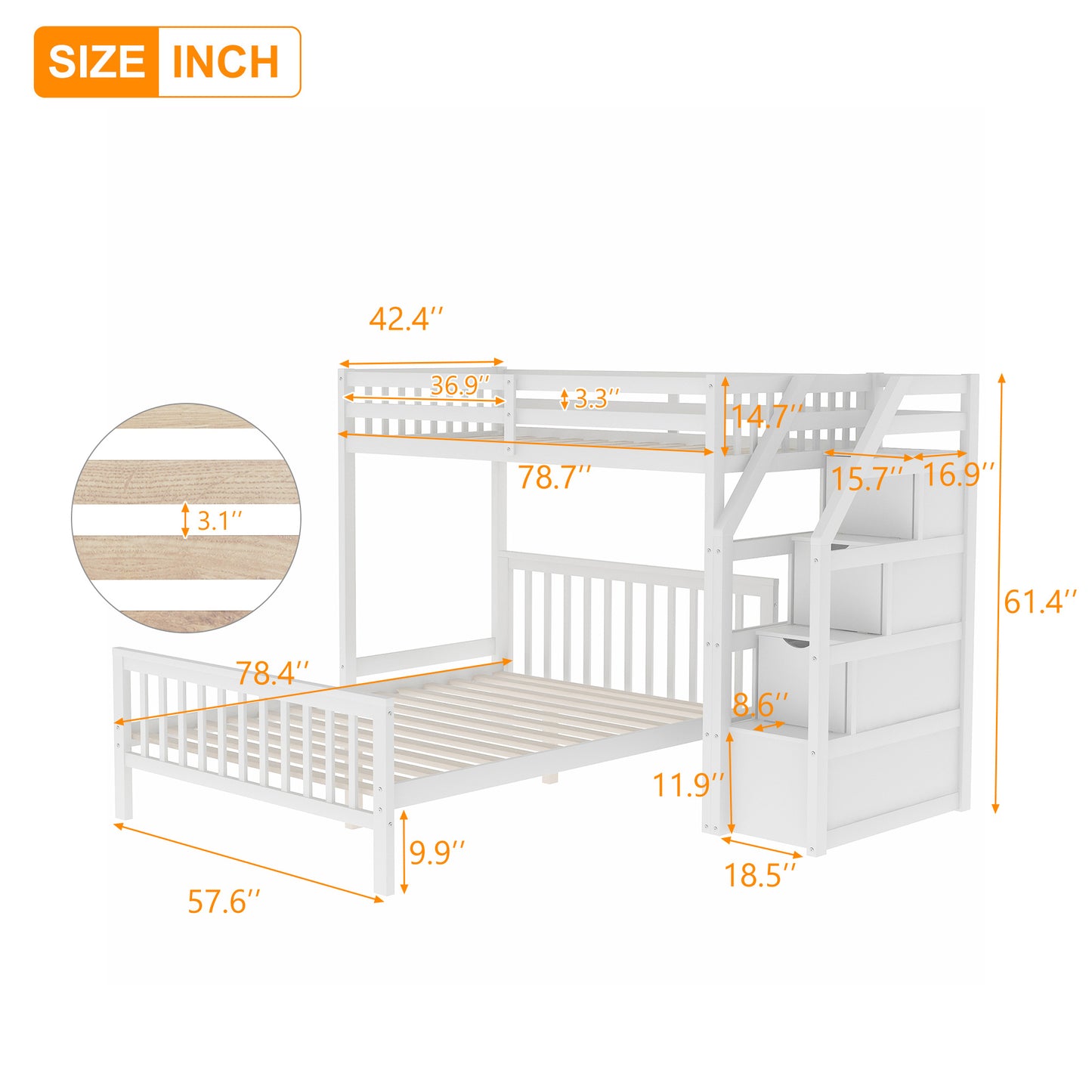 Twin over Full Loft Bed with Staircase (Gray)