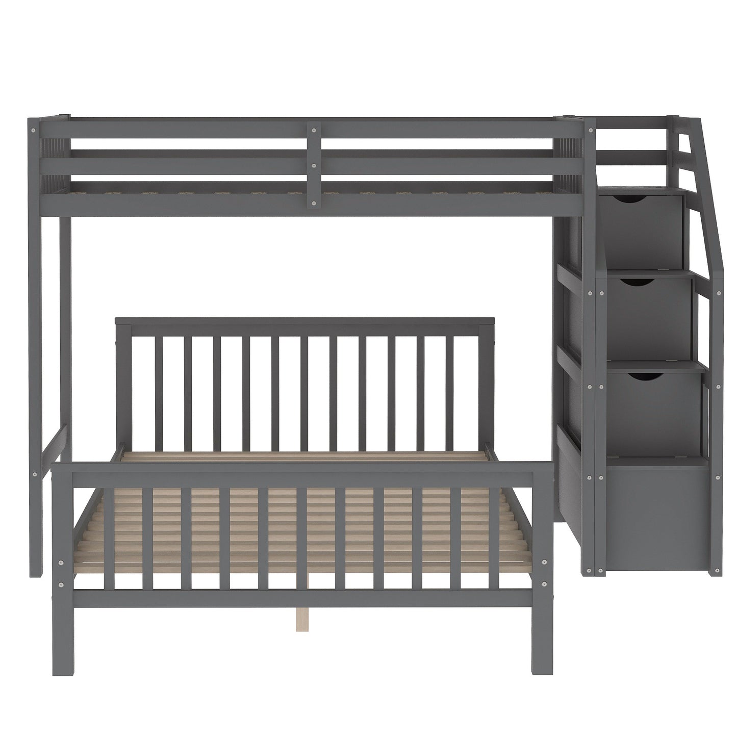 Twin over Full Loft Bed with Staircase (Gray)