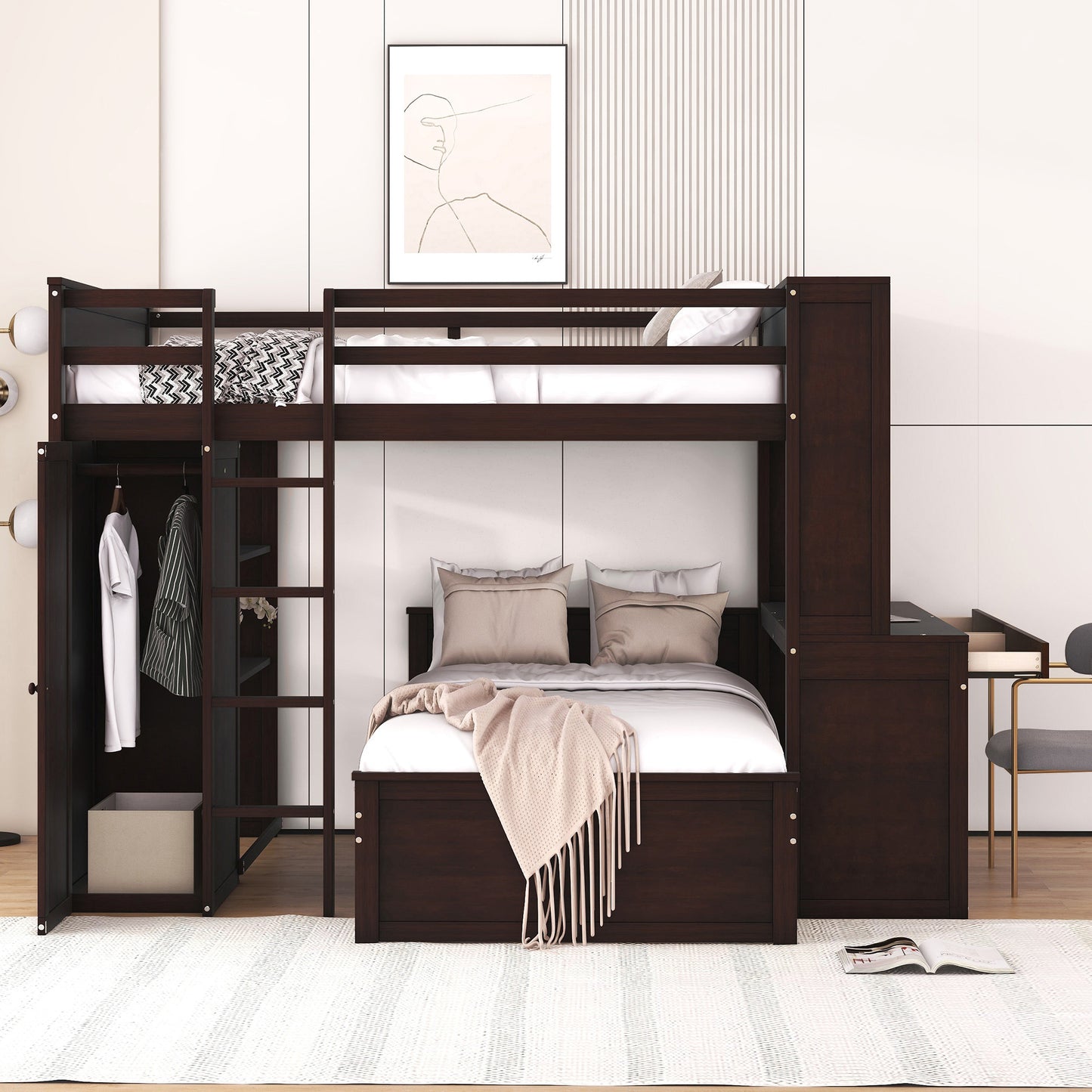 Full size Loft Bed w/ twin size Stand-alone bed( Shelves, Desk, and Wardrobe)