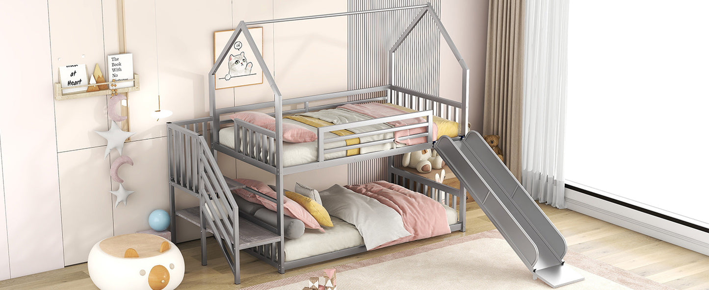 Twin over Twin Metal Bunk Bed w/Slide & Staircase