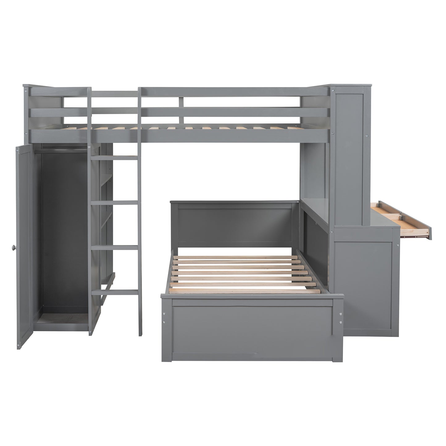 Full size Loft Bed w/ twin size Stand-alone bed( Shelves, Desk, and Wardrobe)