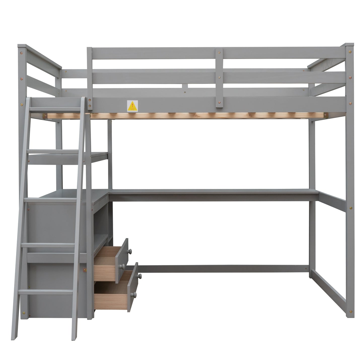 Full Size Loft Bed w/Desk, Shelves &Two Built-in Drawers