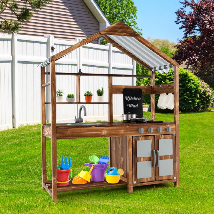 Outdoor Solid Wood Mud Kitchen w/ Canopy