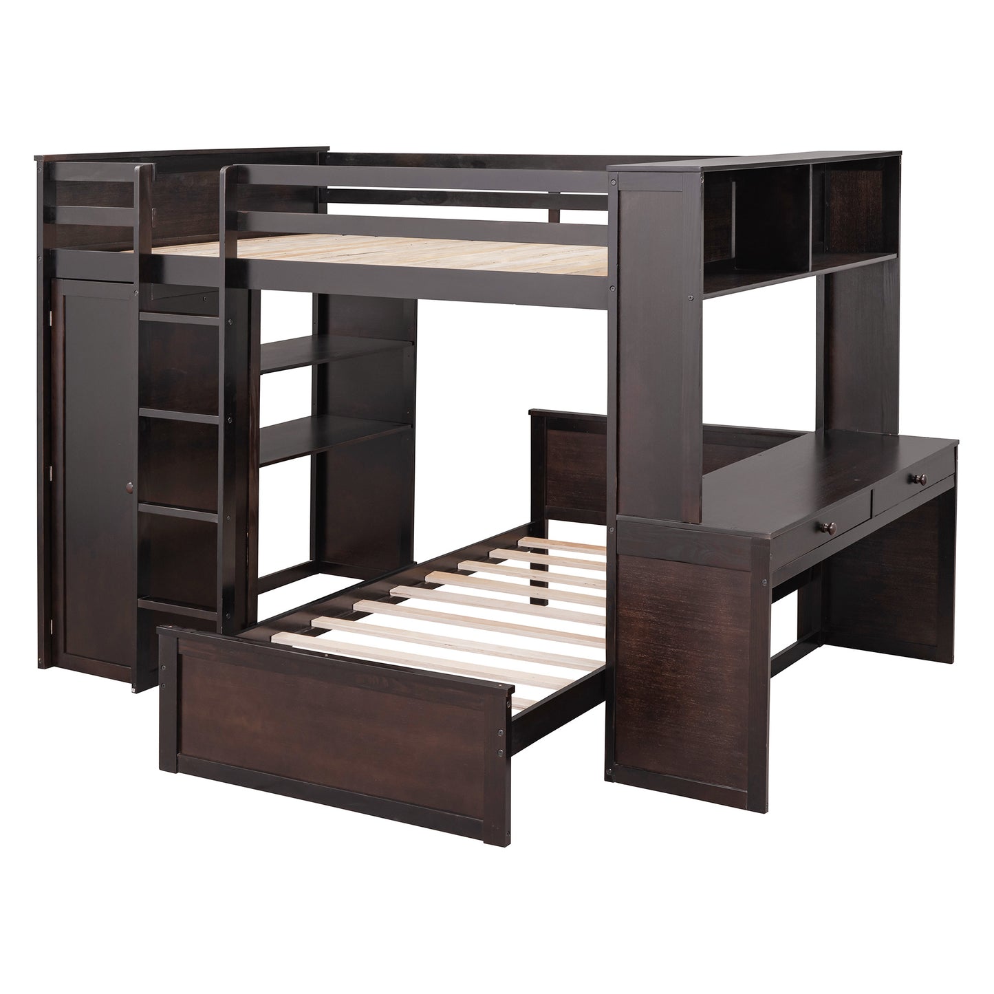 Full size Loft Bed w/ twin size Stand-alone bed( Shelves, Desk, and Wardrobe)