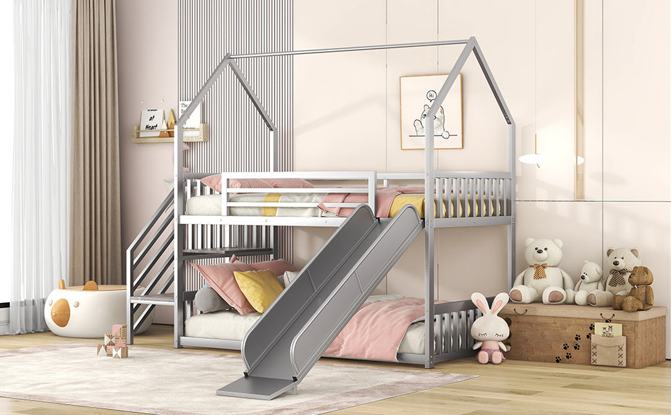 Twin over Twin Metal Bunk Bed w/Slide & Staircase