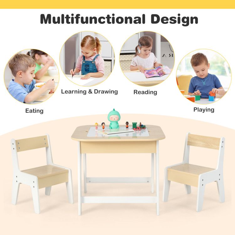 Kid's Table and Chairs Set with Double-sized Tabletop