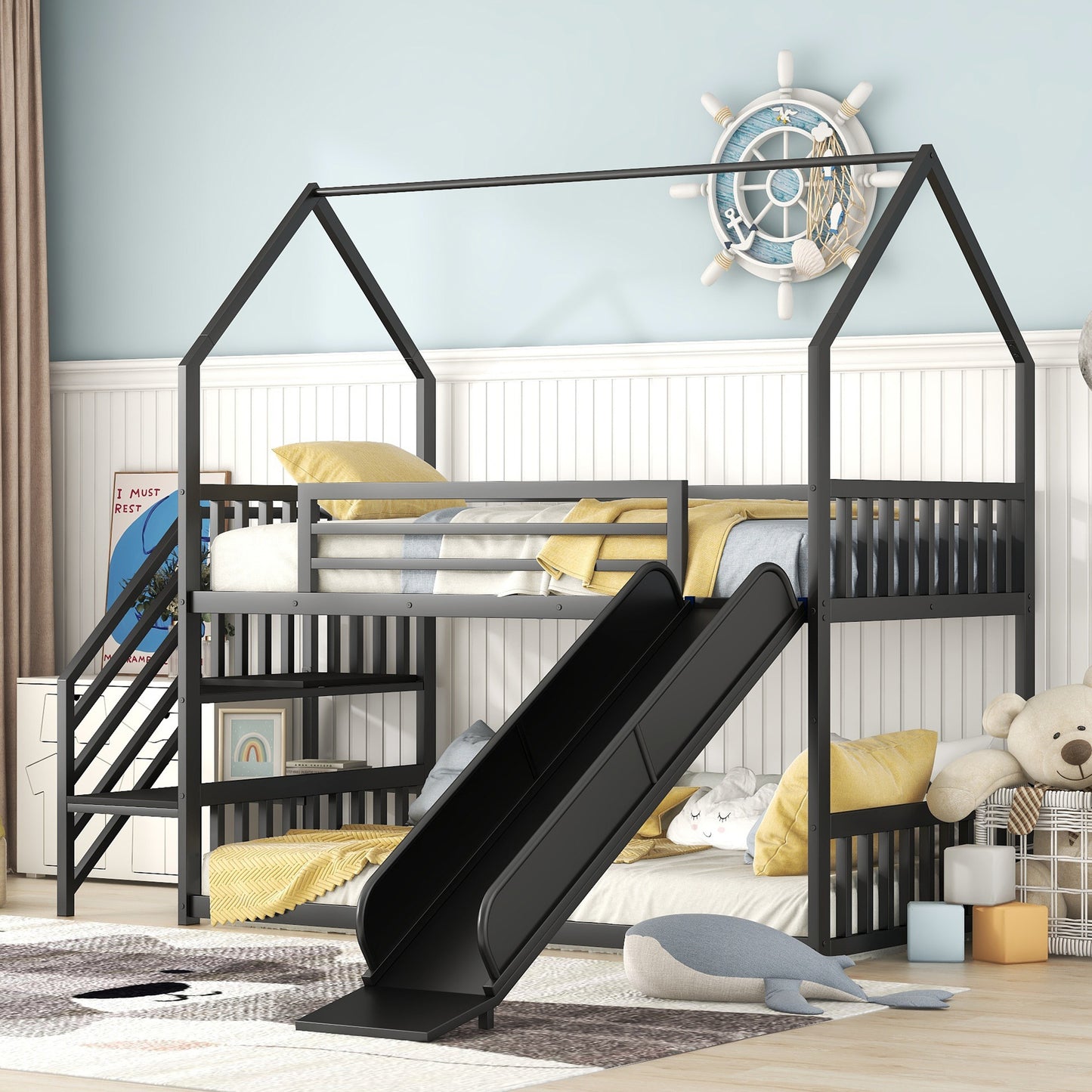 Twin over Twin Metal Bunk Bed w/Slide & Staircase