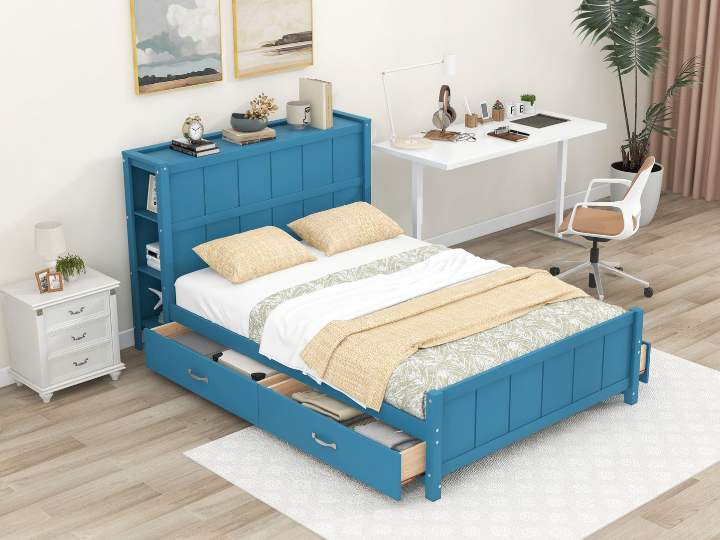 Full Size Platform Bed with Drawers and Storage Shelves