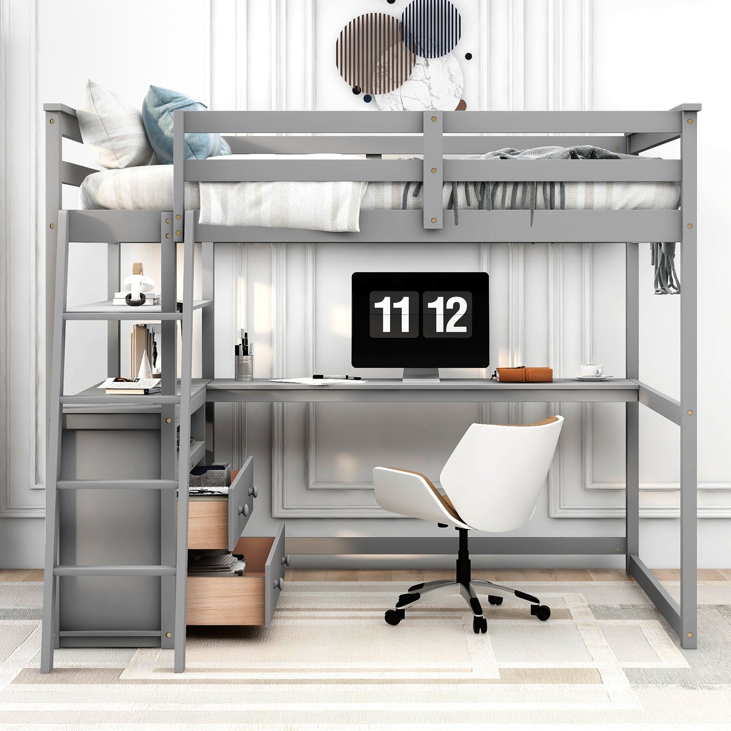 Full Size Loft Bed w/Desk, Shelves &Two Built-in Drawers