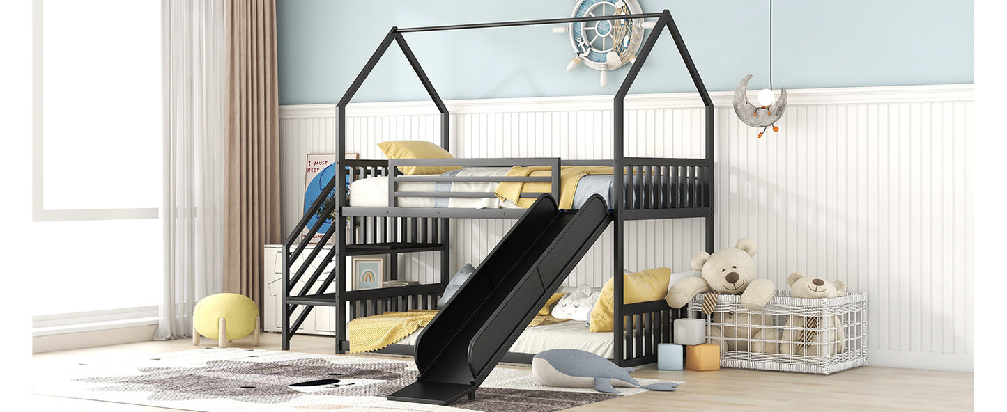 Twin over Twin Metal Bunk Bed w/Slide & Staircase