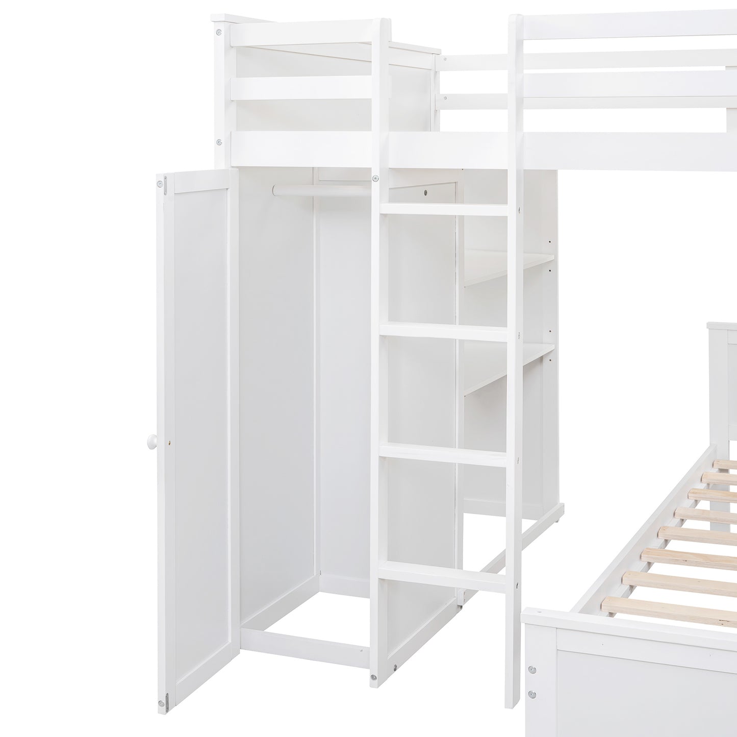 Full size Loft Bed w/ twin size Stand-alone bed( Shelves, Desk, and Wardrobe)