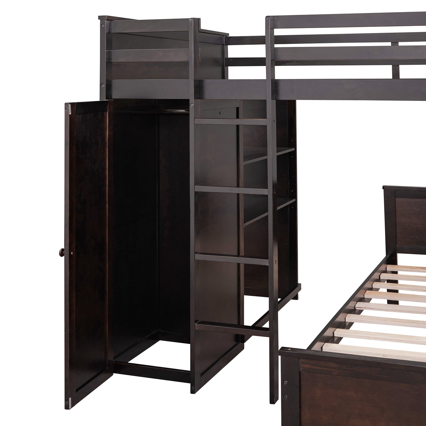 Full size Loft Bed w/ twin size Stand-alone bed( Shelves, Desk, and Wardrobe)