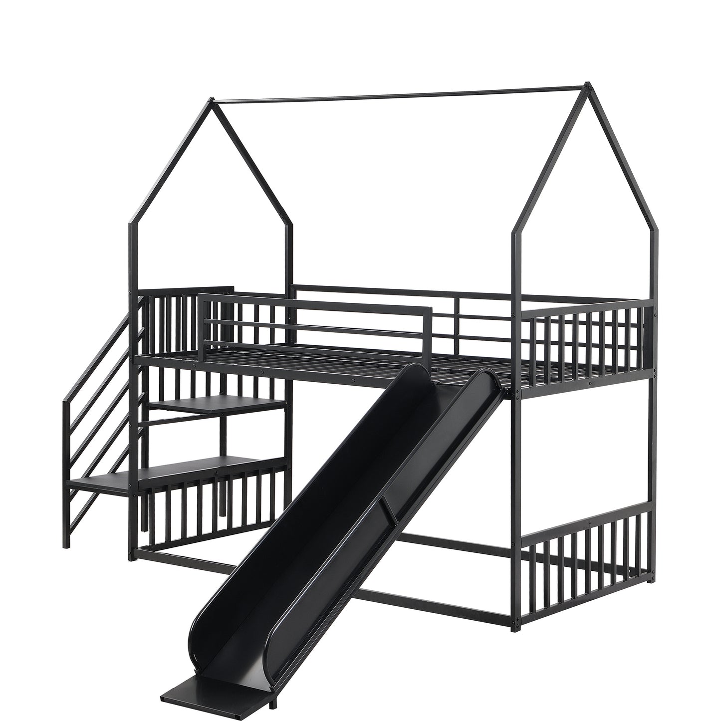 Twin over Twin Metal Bunk Bed w/Slide & Staircase