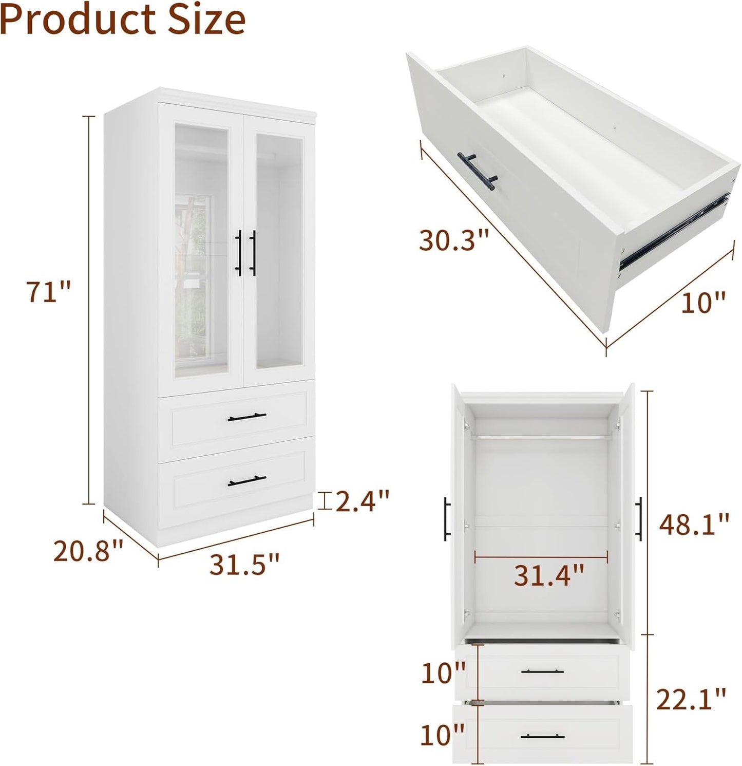 Armoire Wardrobe Closet w/2 Glass Doors