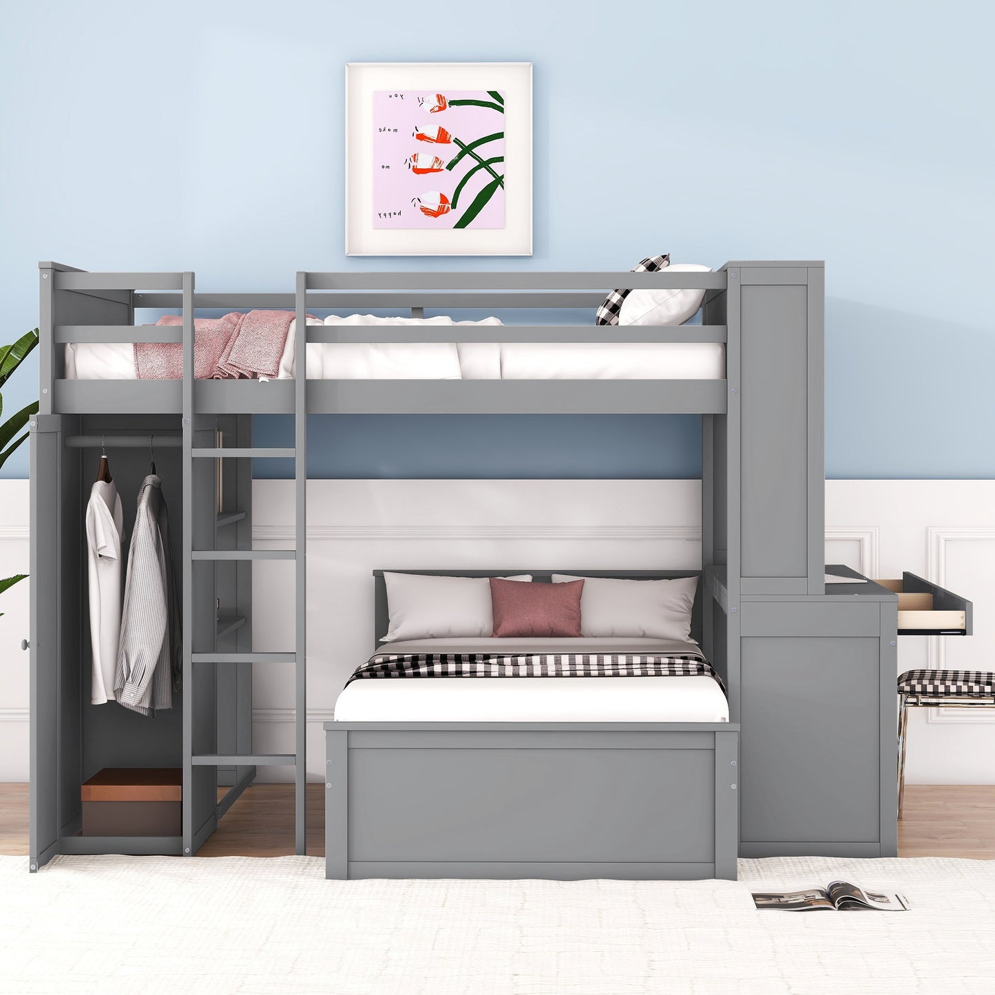 Full size Loft Bed w/ twin size Stand-alone bed( Shelves, Desk, and Wardrobe)