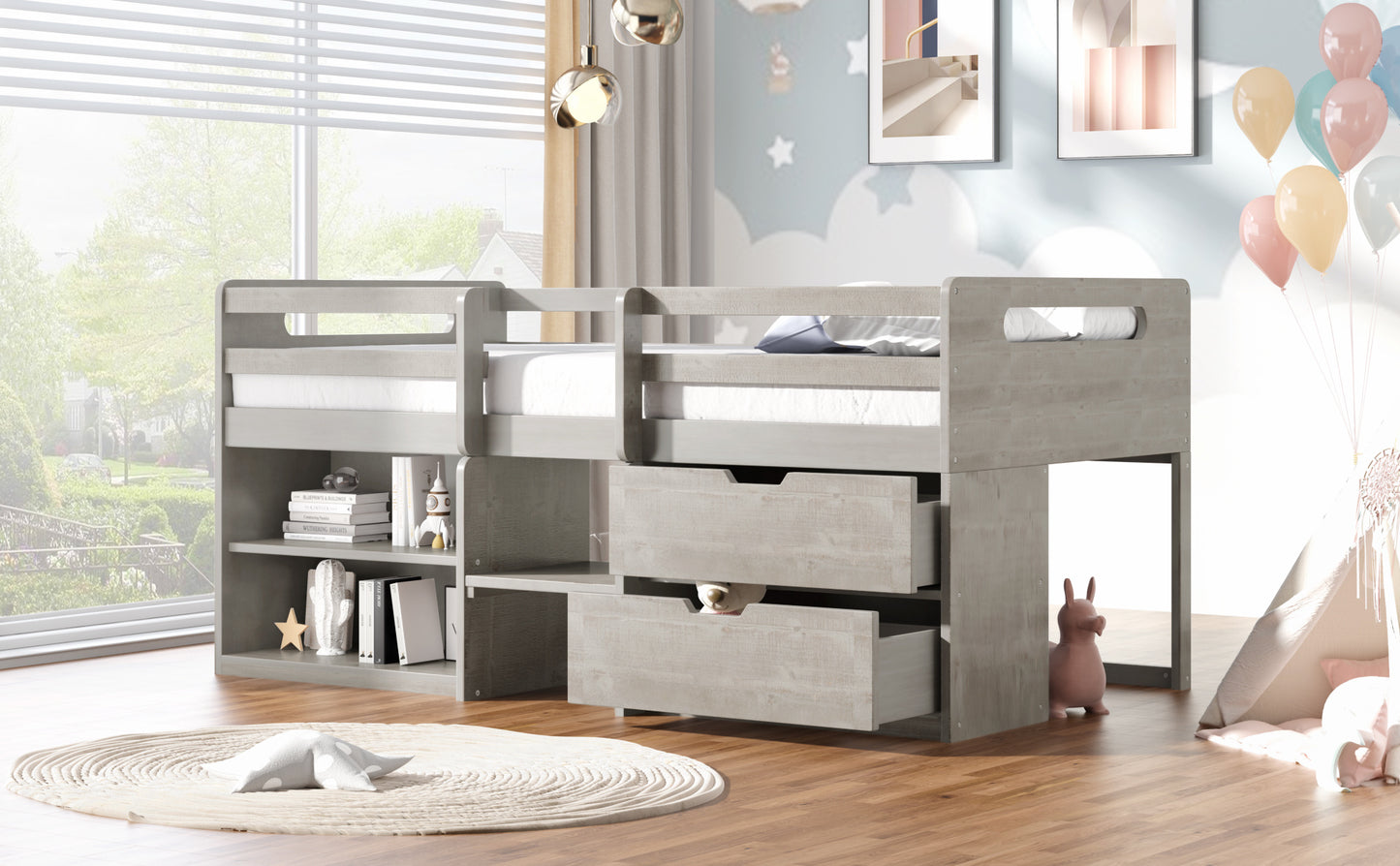 Twin size Loft Bed w/Two Shelves & Two drawers