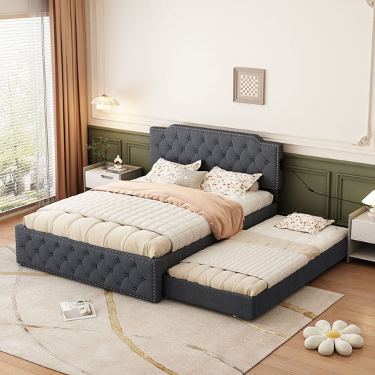 Queen Size Upholstered Platform Bed w/ Twin Size Trundle & USB Ports