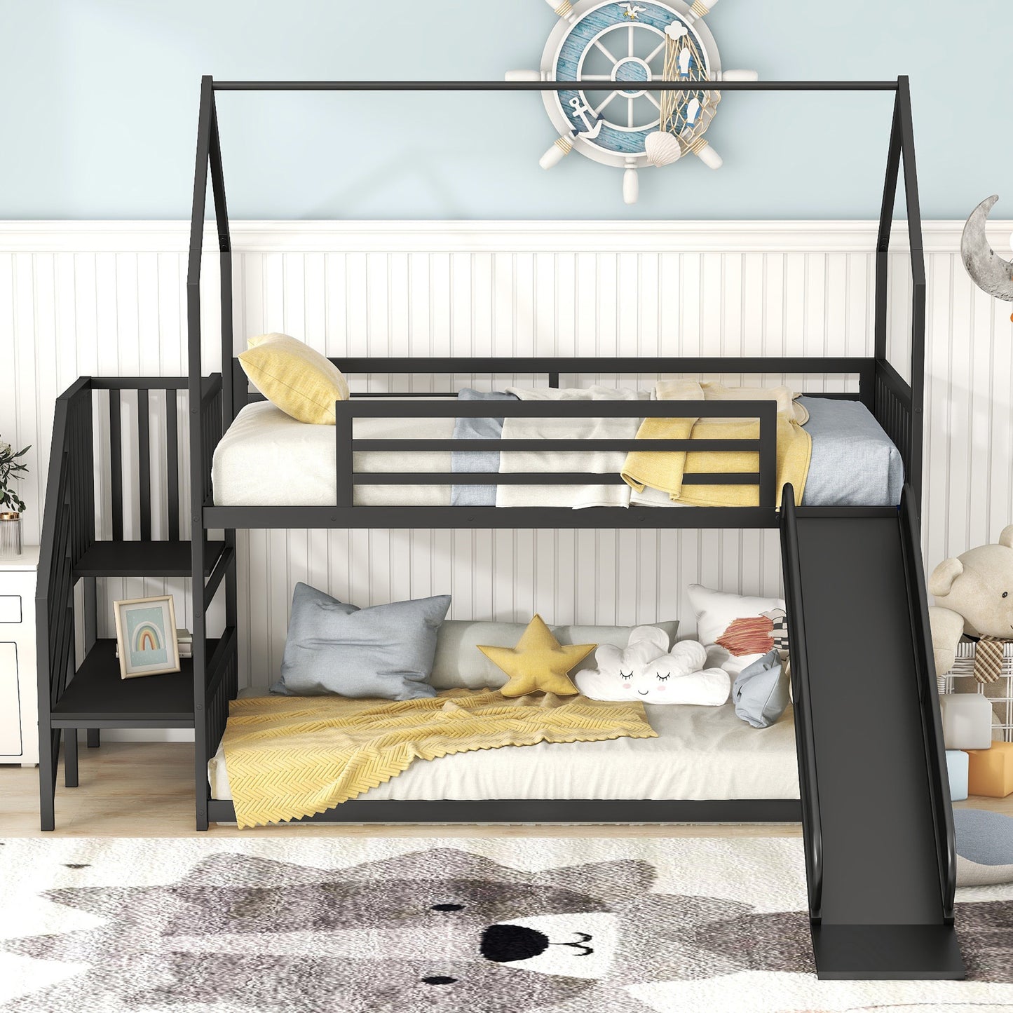 Twin over Twin Metal Bunk Bed w/Slide & Staircase