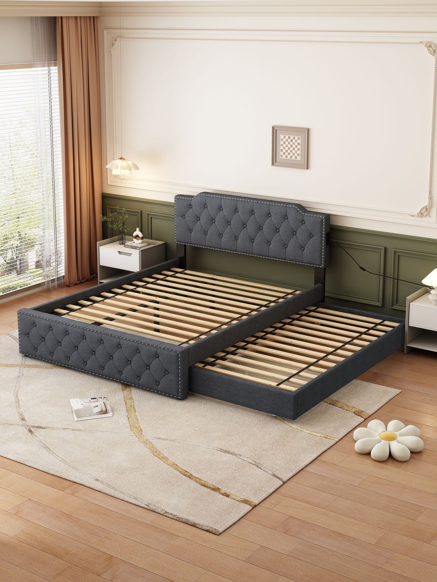 Queen Size Upholstered Platform Bed w/ Twin Size Trundle & USB Ports