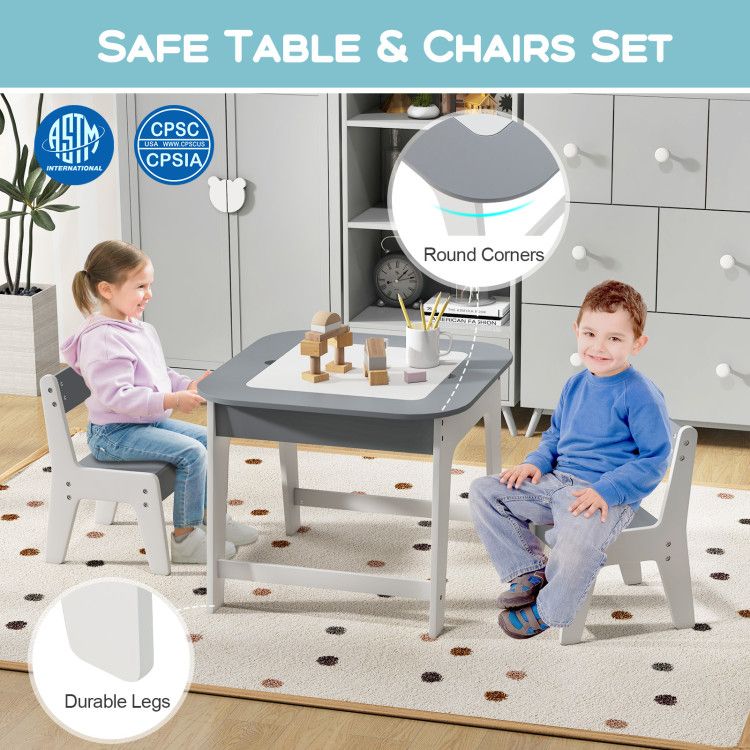 Kid's Table and Chairs Set with Double-sized Tabletop