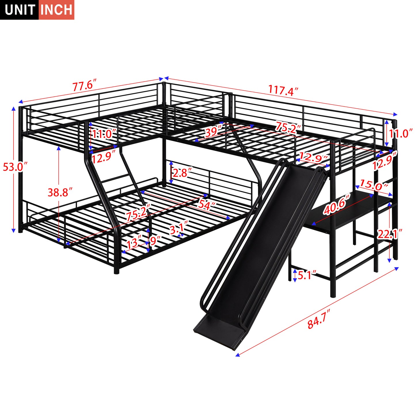 L-Shaped Twin over Full Bunk Bed