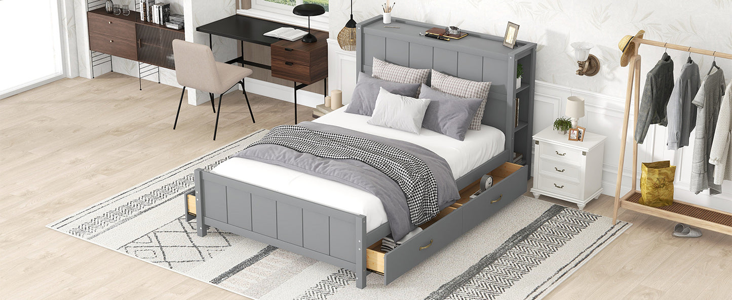 Full Size Platform Bed with Drawers and Storage Shelves