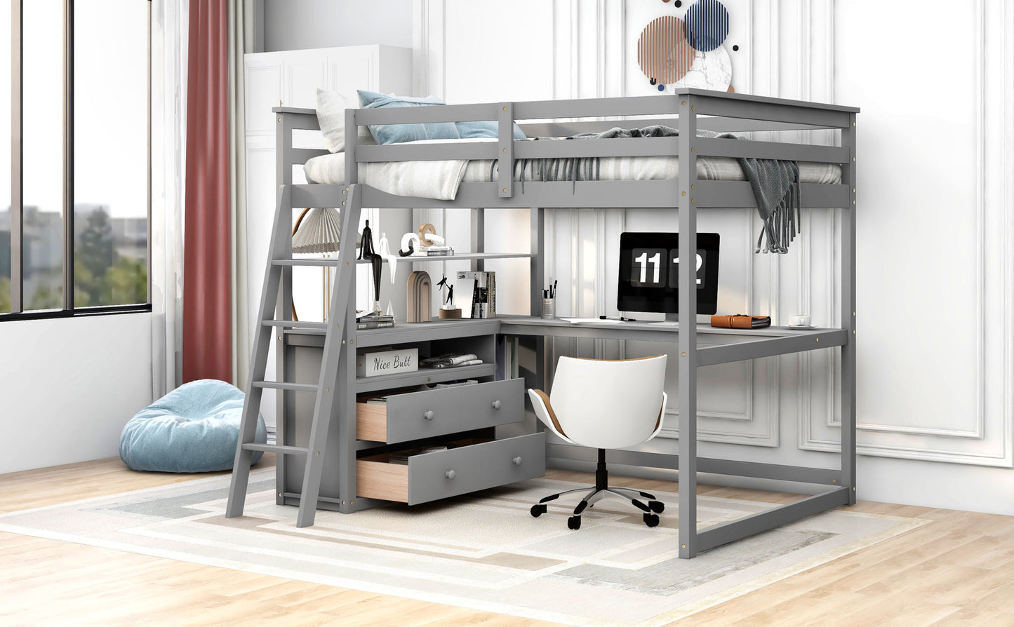 Full Size Loft Bed w/Desk, Shelves &Two Built-in Drawers