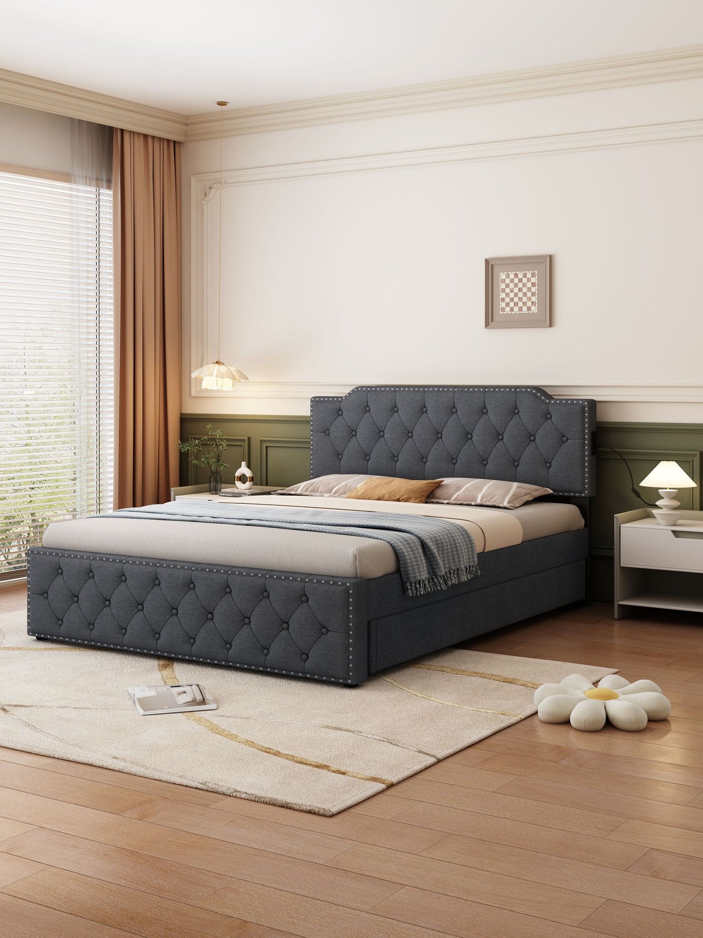 Queen Size Upholstered Platform Bed w/ Twin Size Trundle & USB Ports