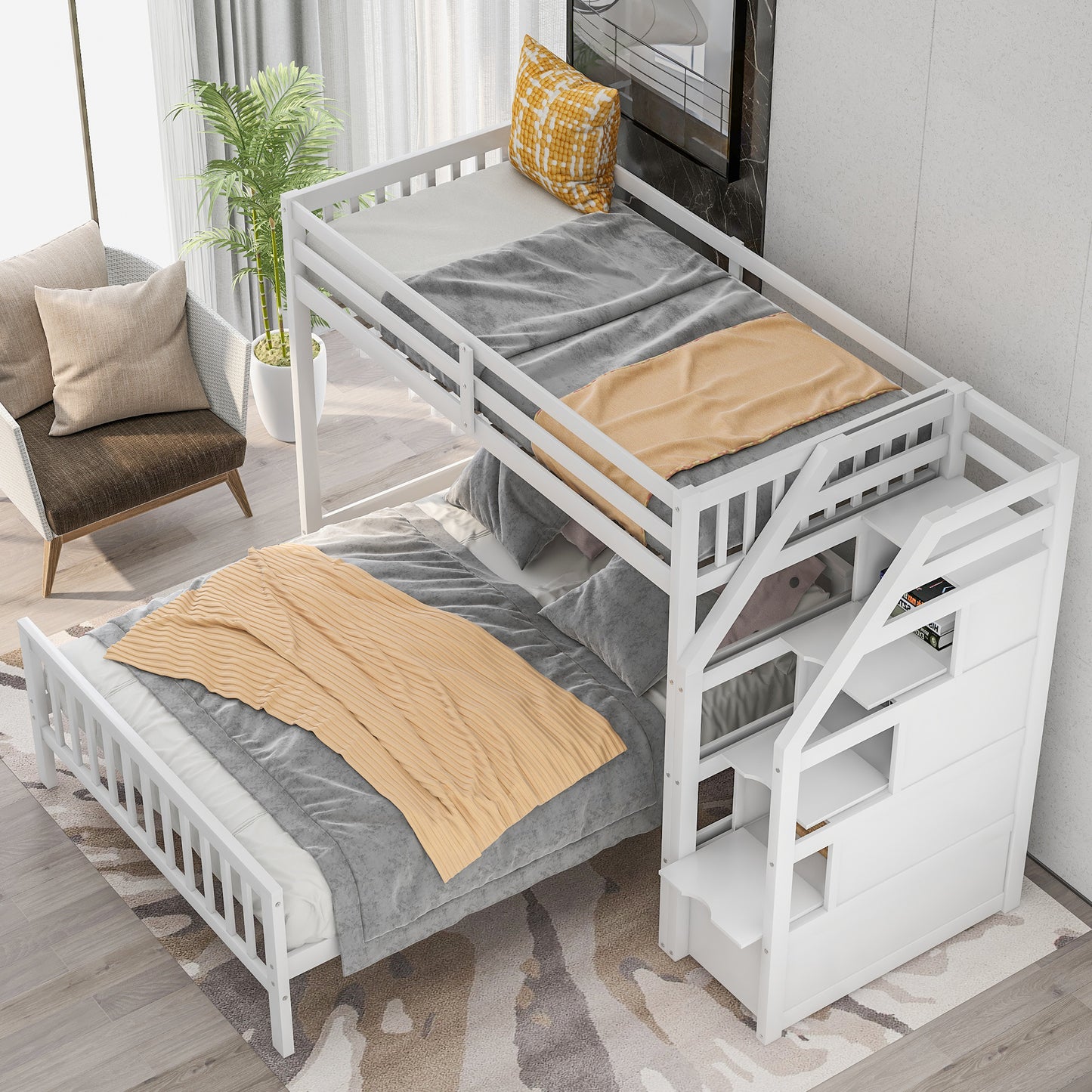 Twin over Full Loft Bed with Staircase (Gray)