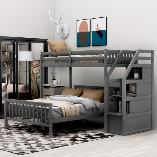 Twin over Full Loft Bed with Staircase (Gray)