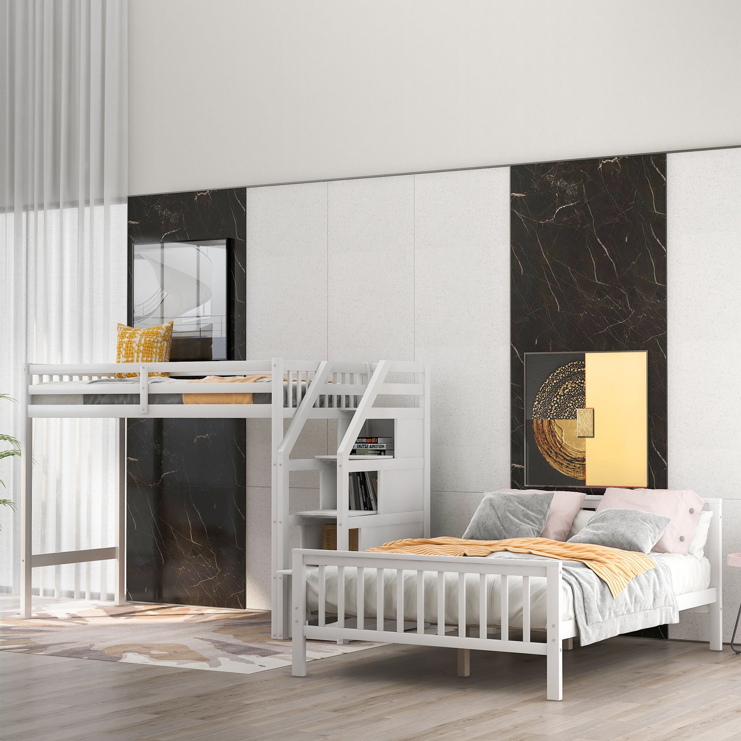 Twin over Full Loft Bed with Staircase (Gray)