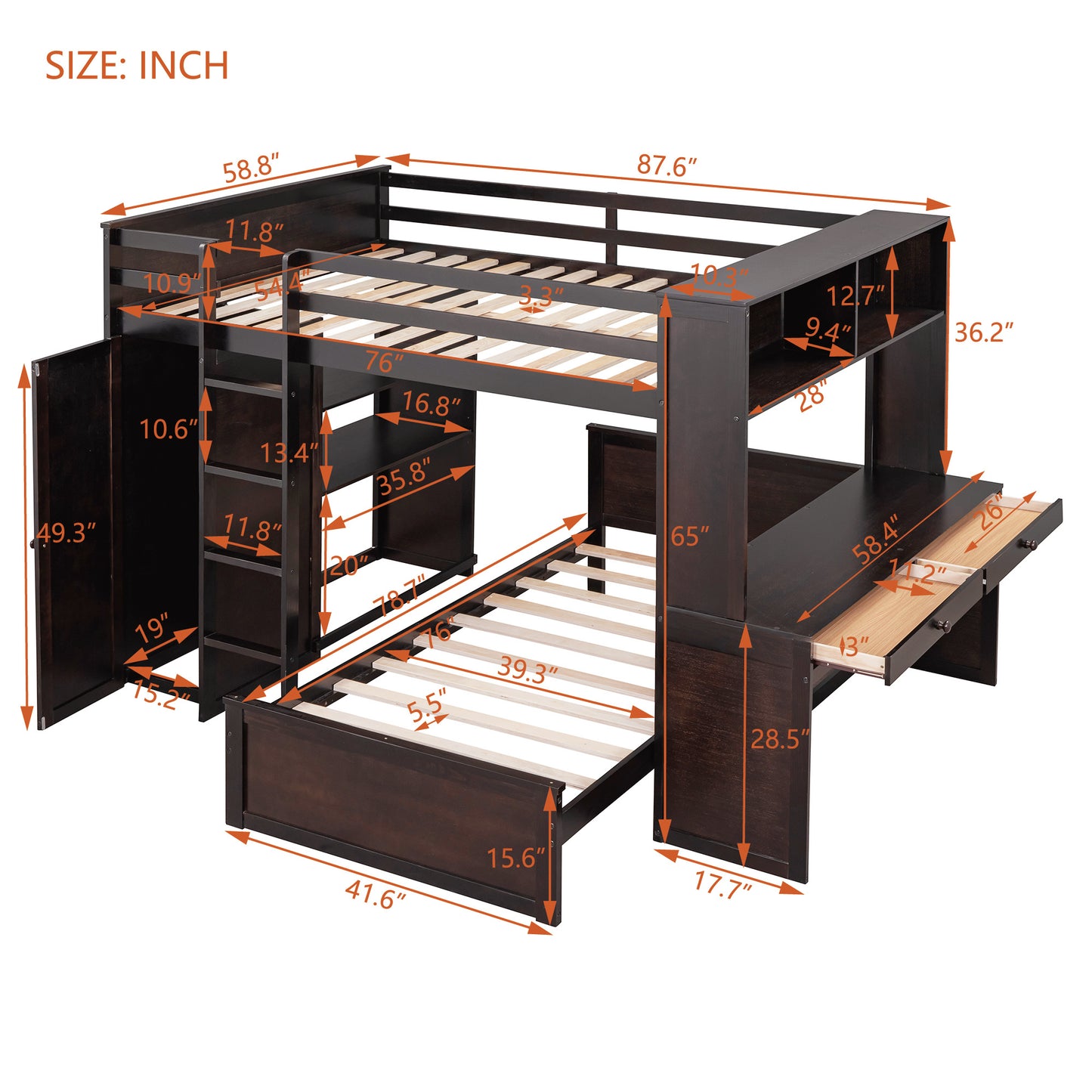 Full size Loft Bed w/ twin size Stand-alone bed( Shelves, Desk, and Wardrobe)