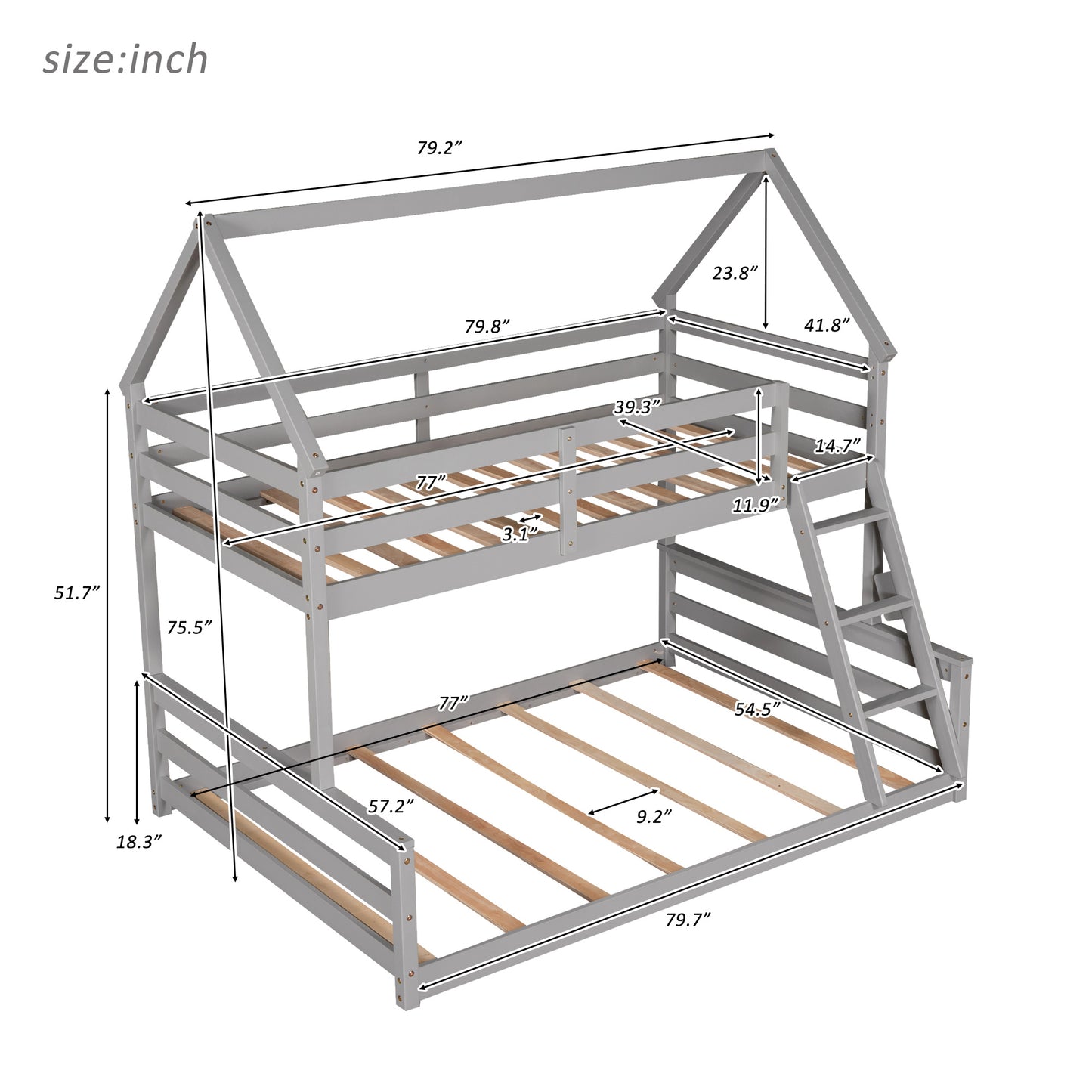 Twin over Full House Bunk Bed w/Built-in Ladder