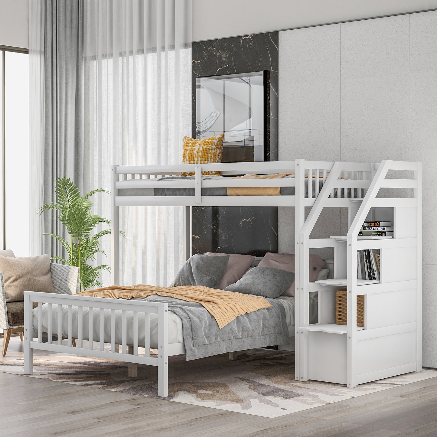 Twin over Full Loft Bed with Staircase (Gray)