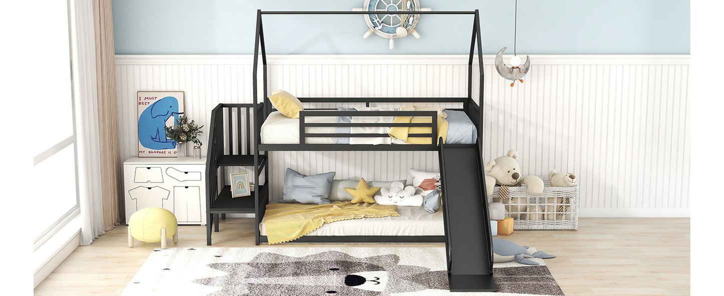 Twin over Twin Metal Bunk Bed w/Slide & Staircase