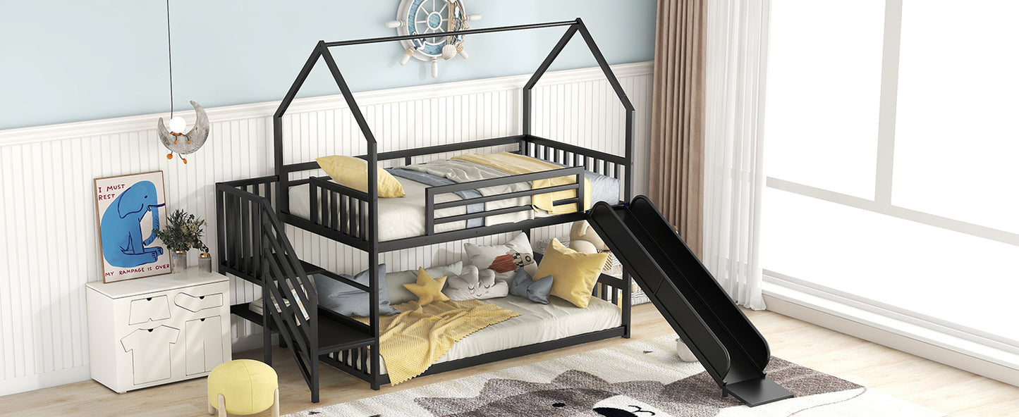 Twin over Twin Metal Bunk Bed w/Slide & Staircase