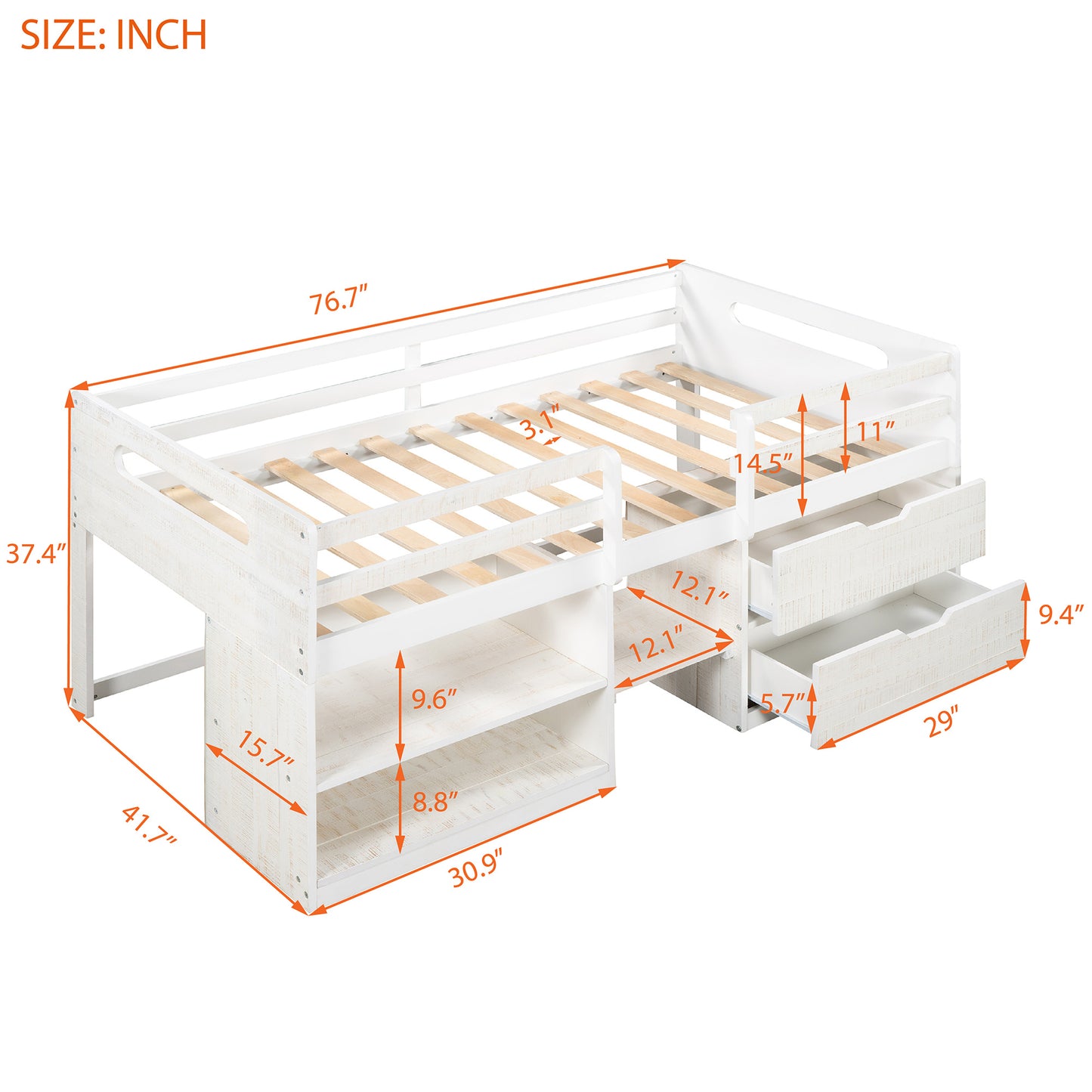 Twin size Loft Bed w/Two Shelves & Two drawers