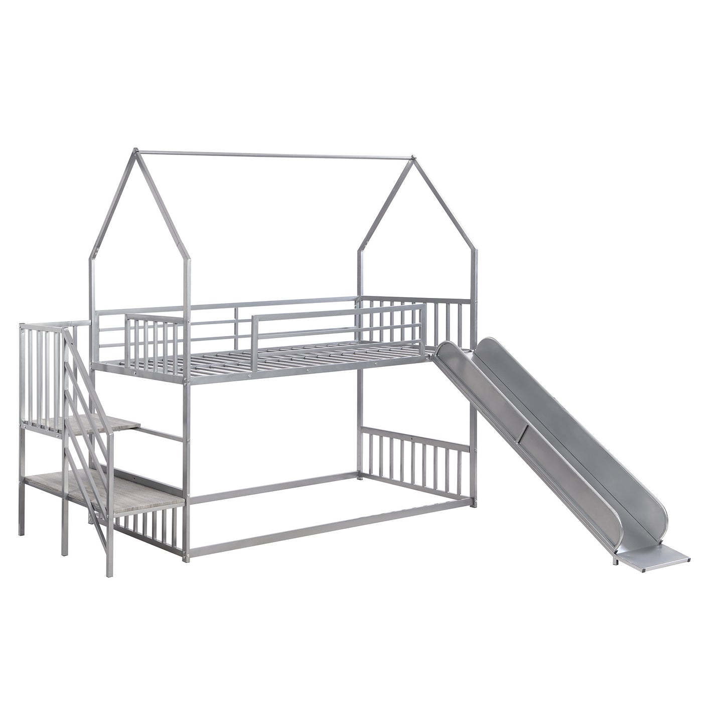 Twin over Twin Metal Bunk Bed w/Slide & Staircase