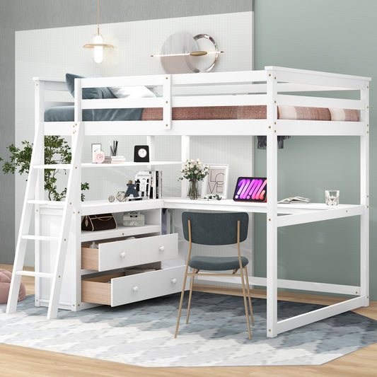 Full Size Loft Bed w/Desk, Shelves &Two Built-in Drawers