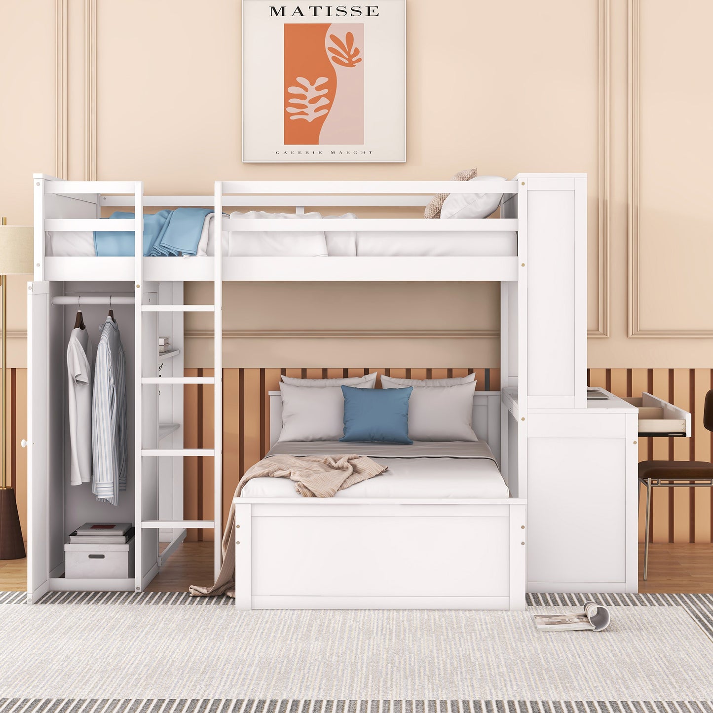 Full size Loft Bed w/ twin size Stand-alone bed( Shelves, Desk, and Wardrobe)